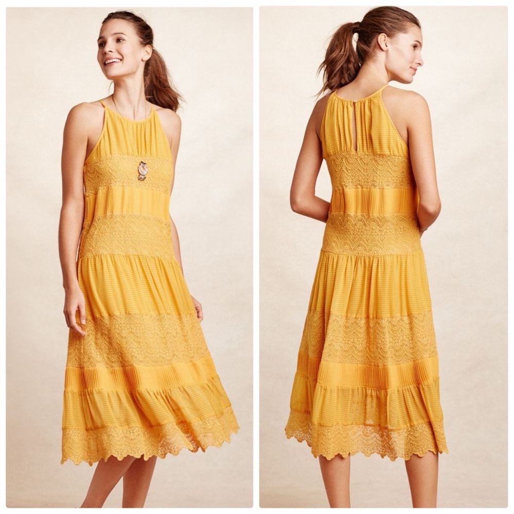 Anthropologie HD In Paris Villanelle Yellow Lace Midi‎ Dress Small S Sleeveless